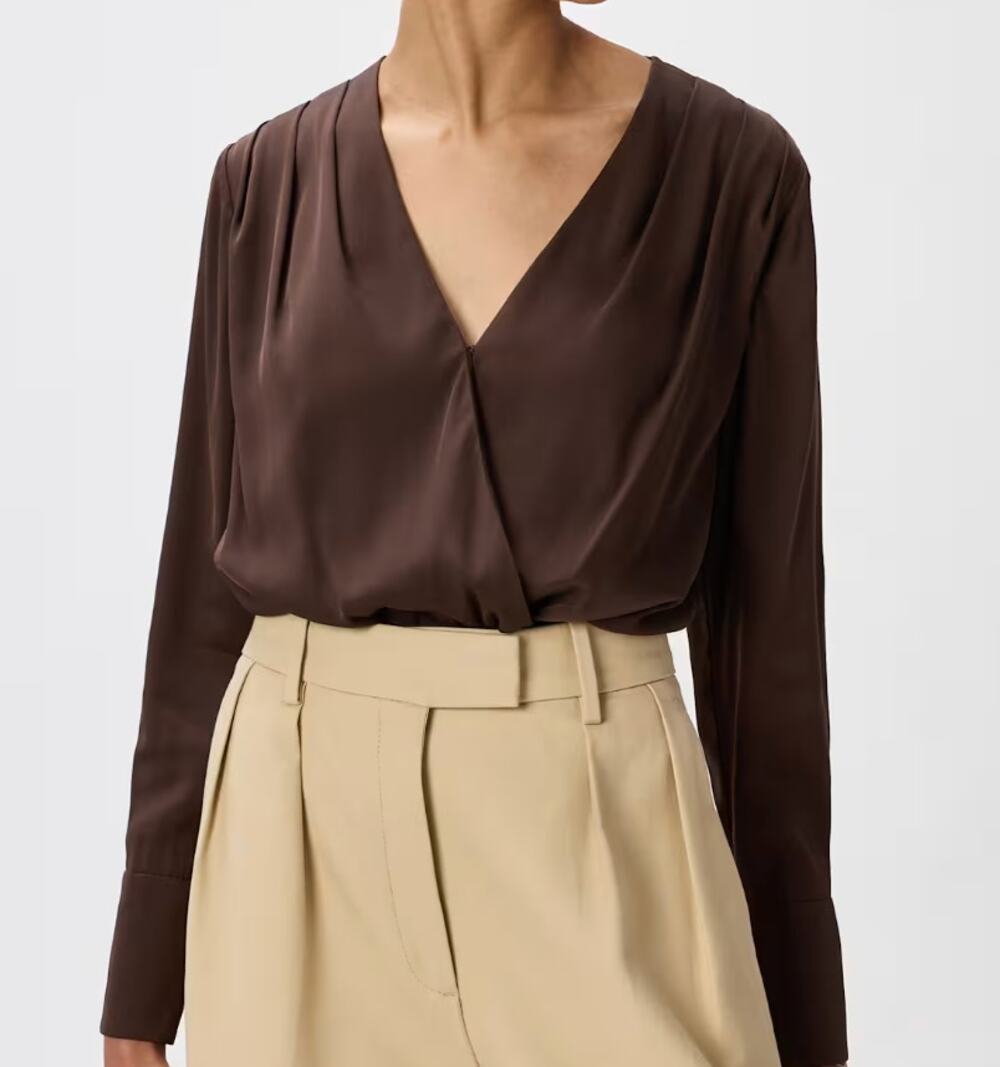 Quince NWT Washable Stretch Silk Surplice Bodysuit Brown S
